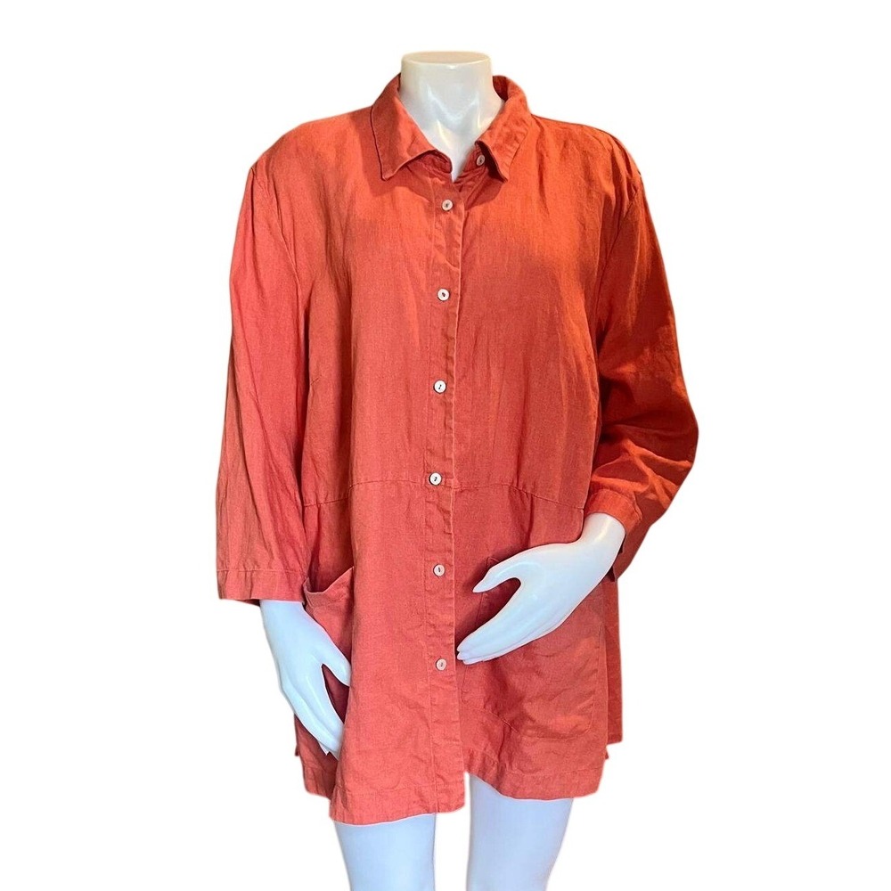 Coldwater Creek Linen Coral Tunic Shirt Plus Size 3X Pockets Lagenlook Coastal